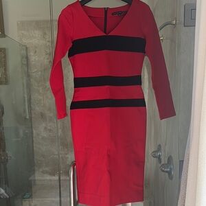 White House Black Market Red and Black V-Neck Bodycon Dress